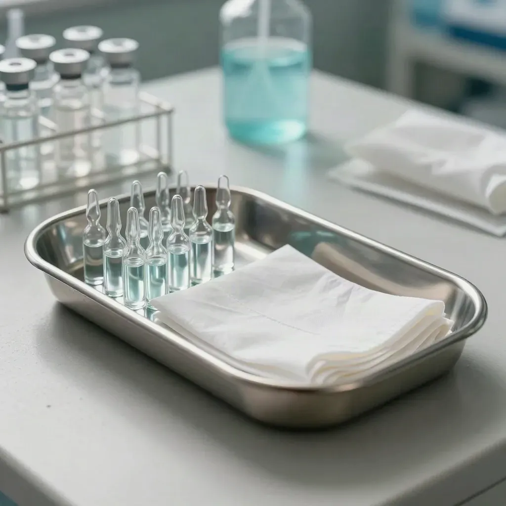 Stahltablett mit Ampullen und steriler Decke auf hellem Beton im Kliniklicht