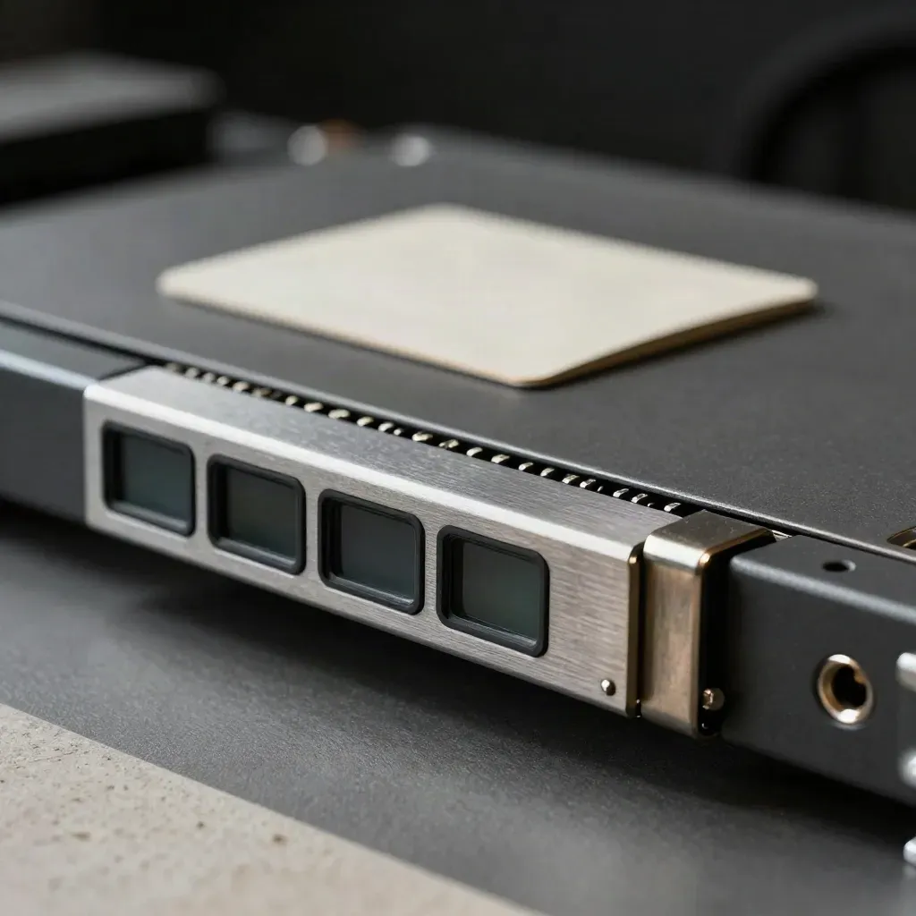 Rack-Statusmodul mit vier Anzeigenfenstern und Kabelhülse auf dunkler Schiene im Studio-Macro