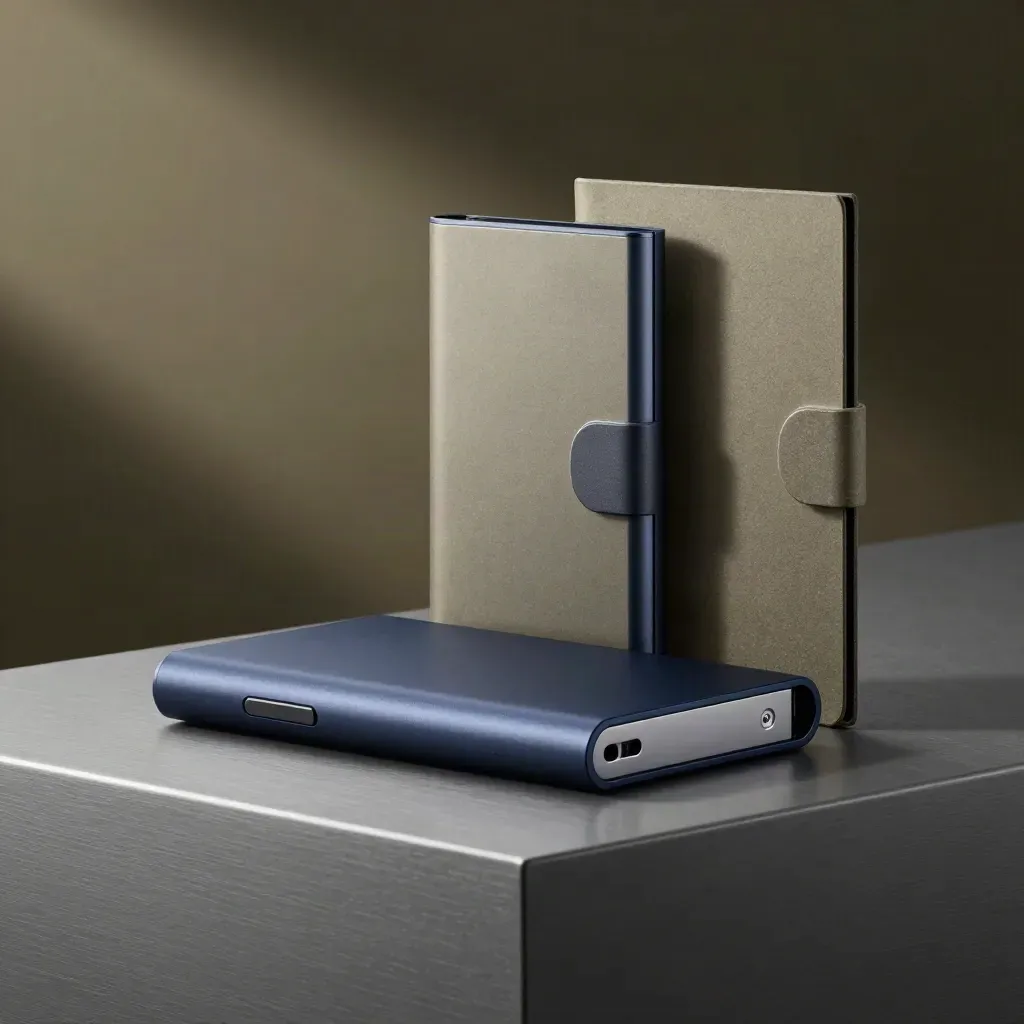 Externe SSD mit zwei Exporthüllen und Verschluss auf Stein, dramatisch beleuchtet.