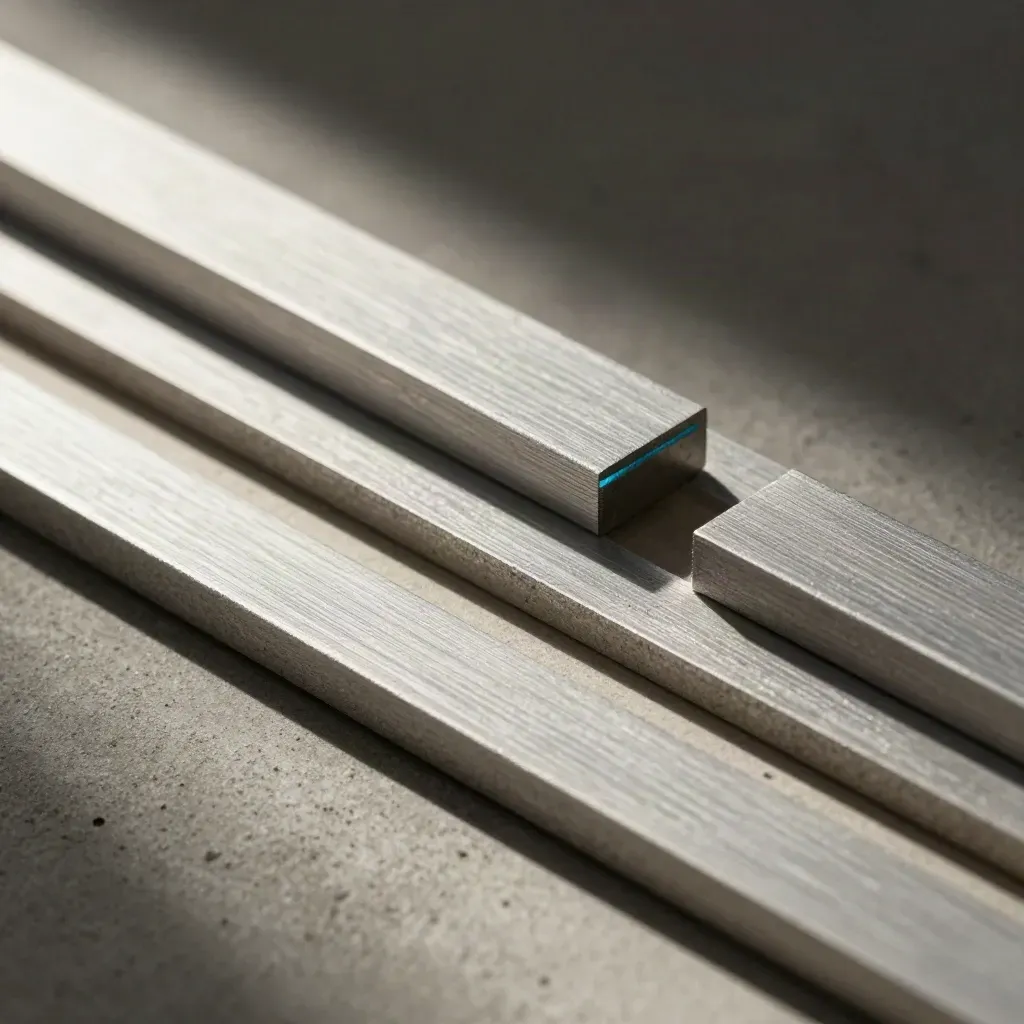 Stepped Aluminium-Abstandshalter auf hellem Beton, Makro mit sanftem Cyan-Akzent