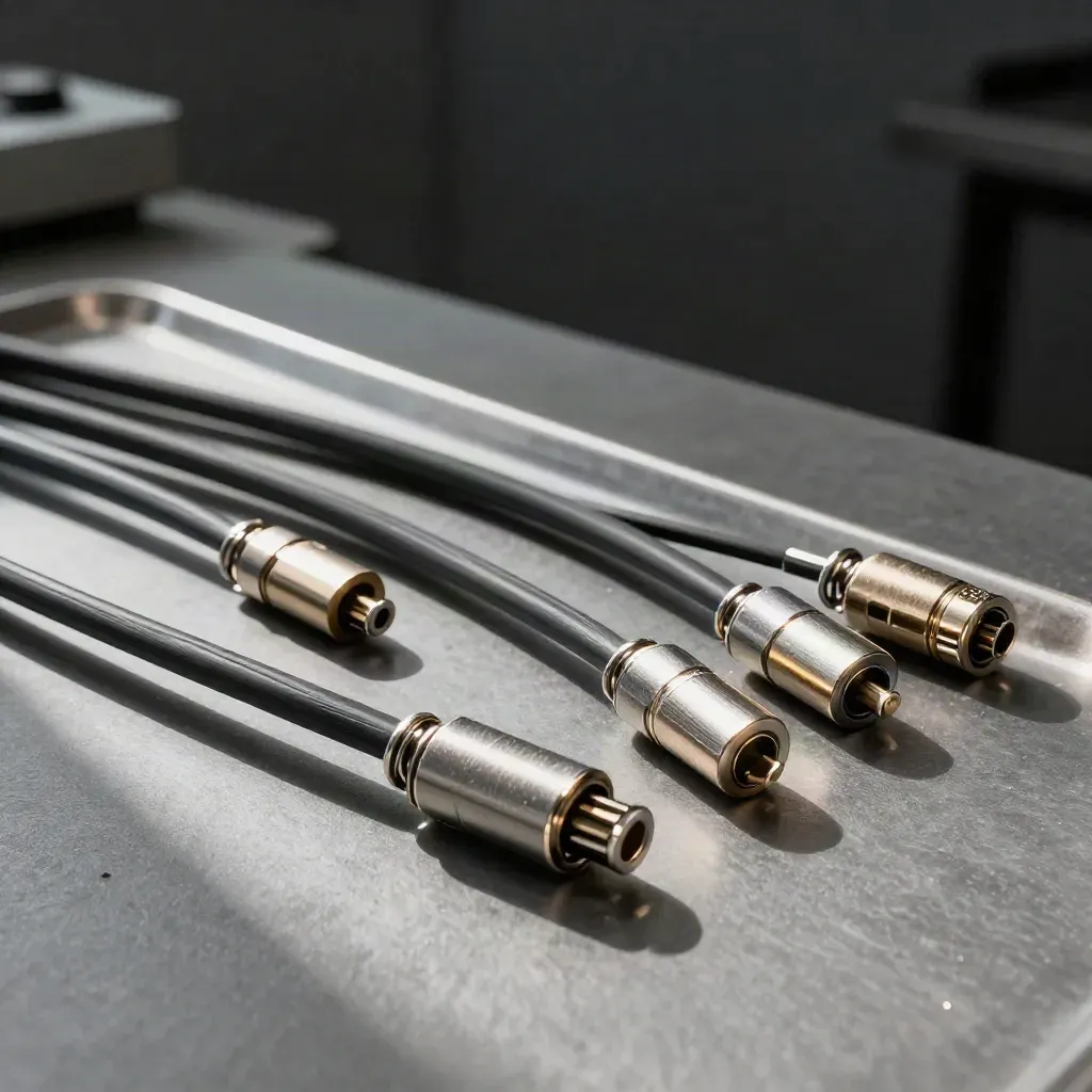 Kabelbaum mit Winkeladaptern und Clips auf Metalltablett im dunklen Werkstattlicht