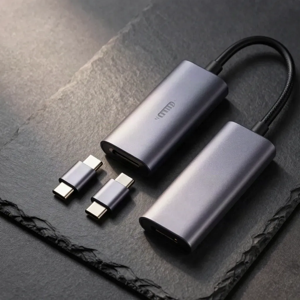 USB-C-Hub, Datenadapter und Drive-Cartridge auf dunklem Schiefer im Studio-Licht