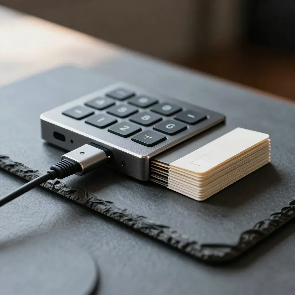 Keypad, SSD, Kabeladapter und Archivkarten auf Stein aus der Draufsicht