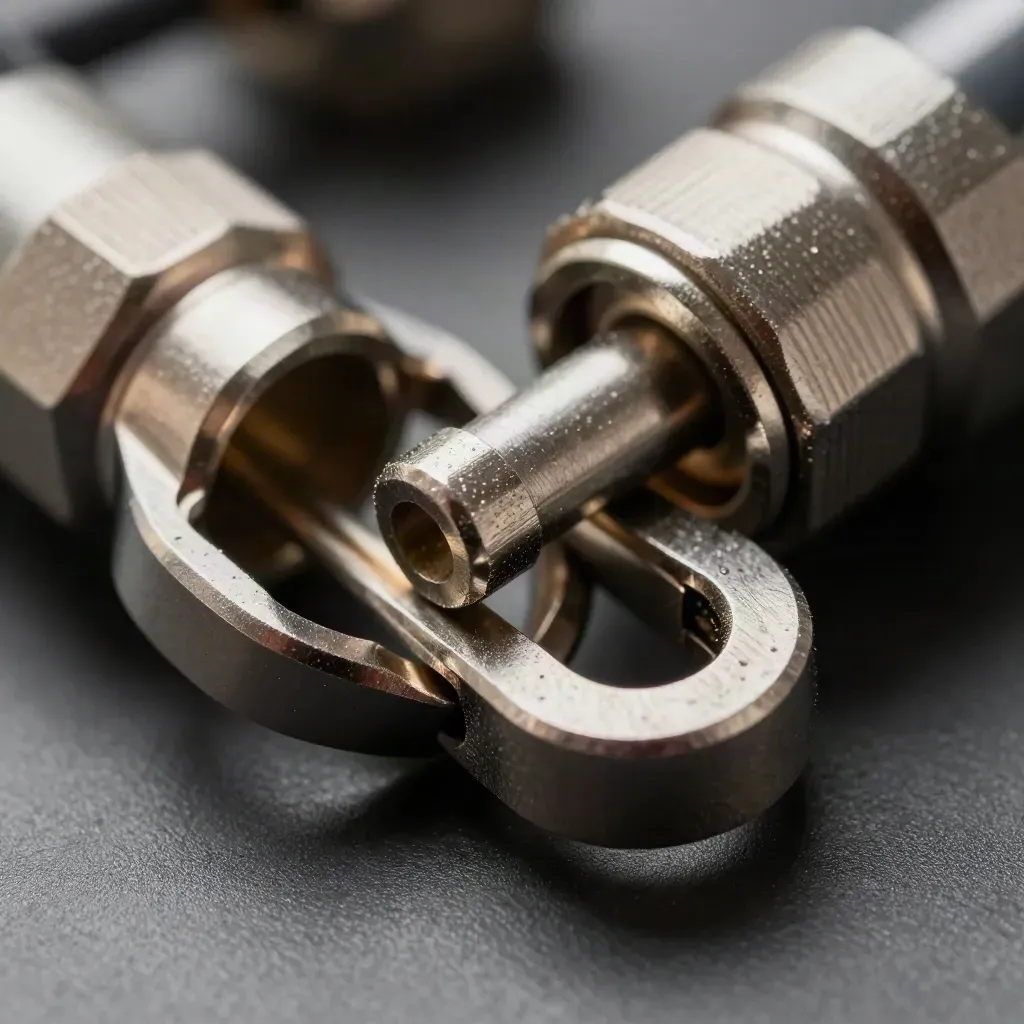 Makro von verbundenen Metallringen, Kabelhülsen und Connector-Bar auf graphitgrauer Fläche.