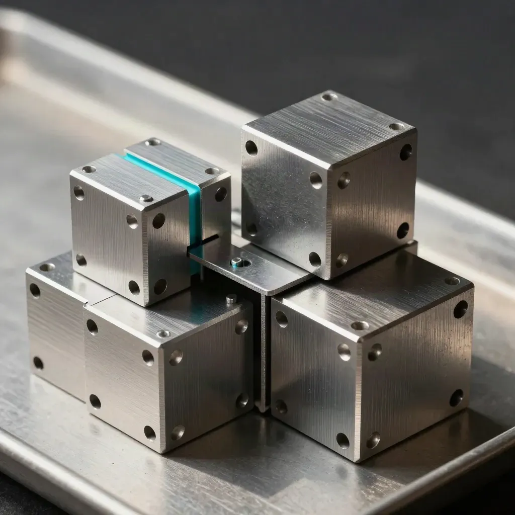 Aluminiumwürfel mit Verbindungsstift auf gebürstetem Metall, kühl und präzise